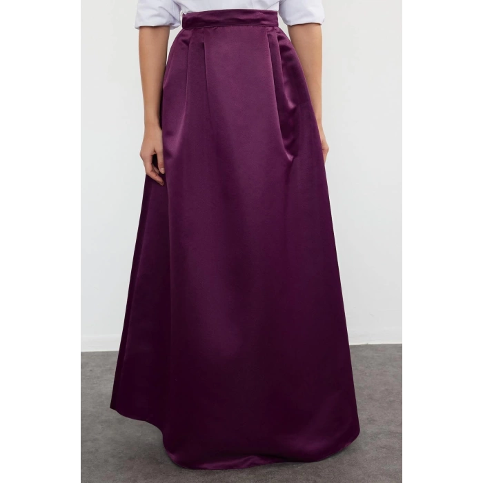 Moda Fitted Düz Desen Şık Gece Maxi Boy Dokuma Saten Balon Maxi Etek