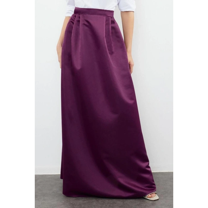 Moda Fitted Düz Desen Şık Gece Maxi Boy Dokuma Saten Balon Maxi Etek
