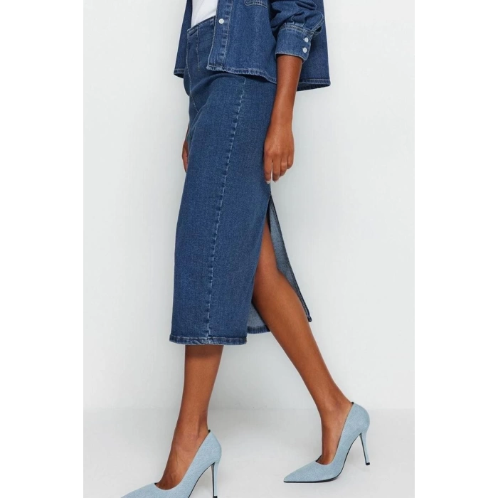 Fashion Regular Plain Pattern Casual Midi Length Stitch Detailed Midi Pencil Denim Skirt