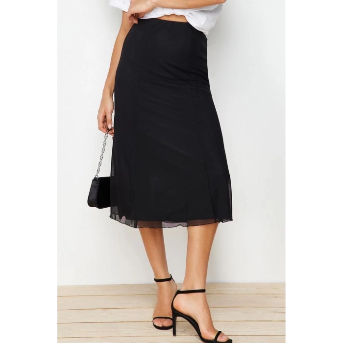 Fashion Regular Plain Pattern Casual Maxi Length Lined Tulle Midi Knitted Skirt
