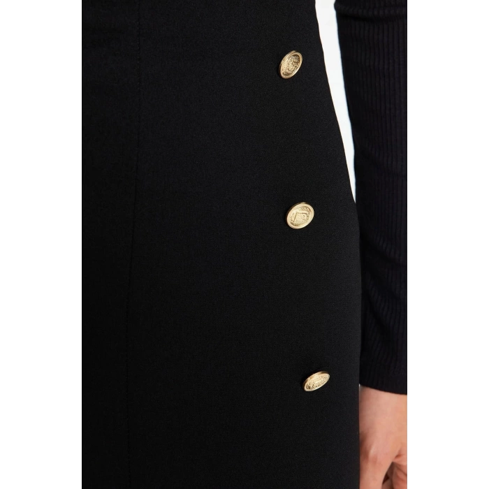 Fashion Slim Fit Plain Pattern Day Night Midi Length Smart Crepe Buttoned Midi Slit Flexible Knitted Skirt