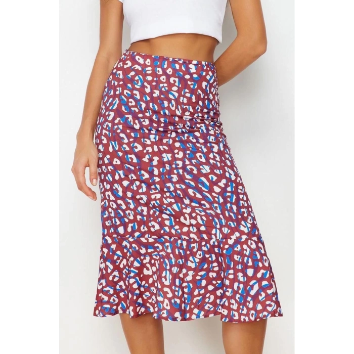 Fashion A-line Animal Pattern Casual Midi Length Flounce Viscose Fabric Animal Pattern Midi Woven Skirt