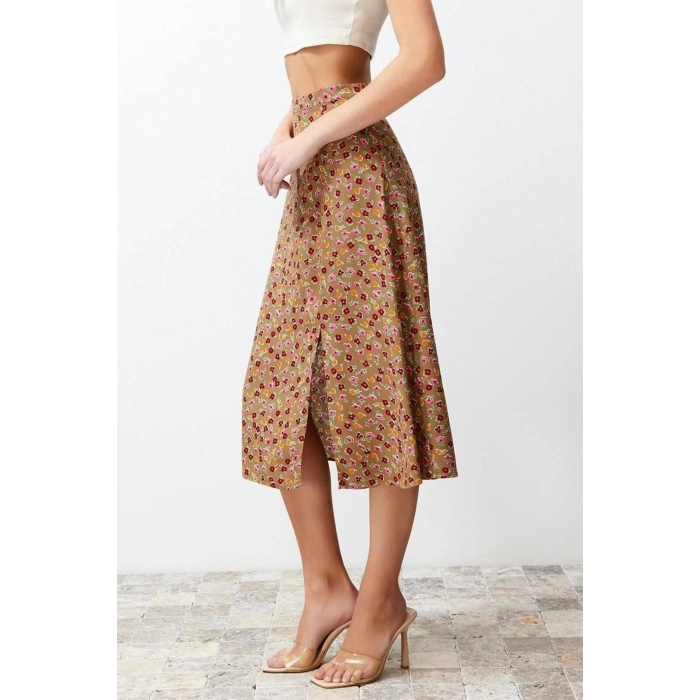 Fashion A-line Floral Pattern Casual Midi Length Slit Detail Viscose Fabric Midi Woven Skirt