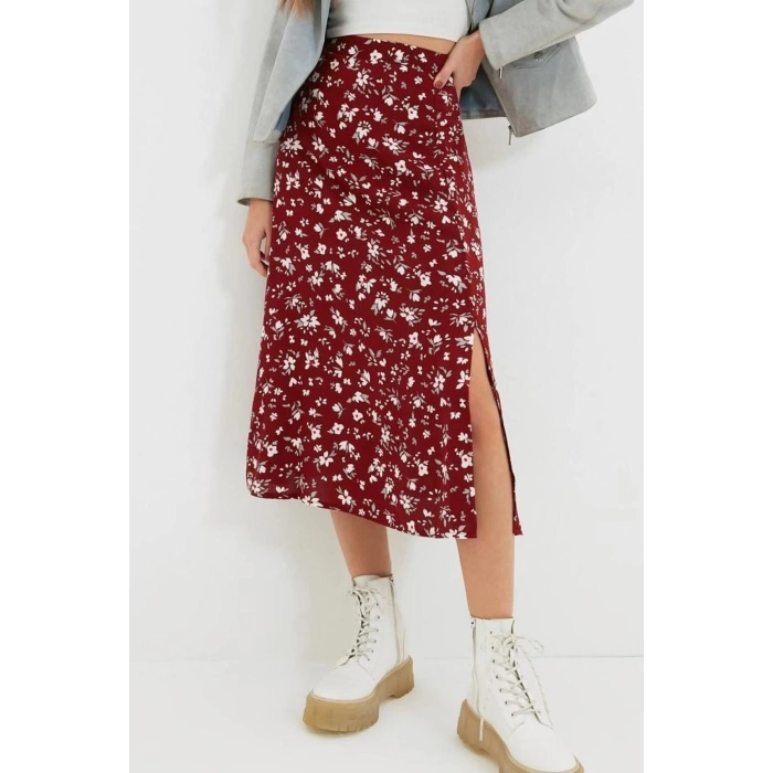 Fashion A-line Floral Pattern Casual Midi Length Slit Detail Viscose Fabric Midi Woven Skirt