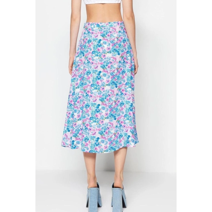 Fashion A-line Floral Pattern Casual Midi Length Slit Detail Viscose Fabric Midi Woven Skirt