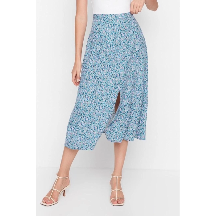 Fashion A-line Floral Pattern Casual Midi Length Slit Detail Viscose Fabric Midi Woven Skirt
