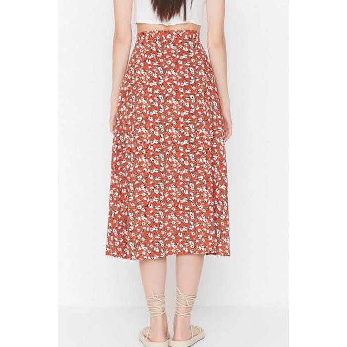 Fashion A-line Floral Pattern Casual Midi Length Slit Detail Viscose Fabric Midi Woven Skirt