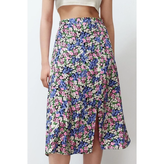 Fashion A-line Floral Pattern Casual Midi Length Slit Detail Viscose Fabric Midi Woven Skirt