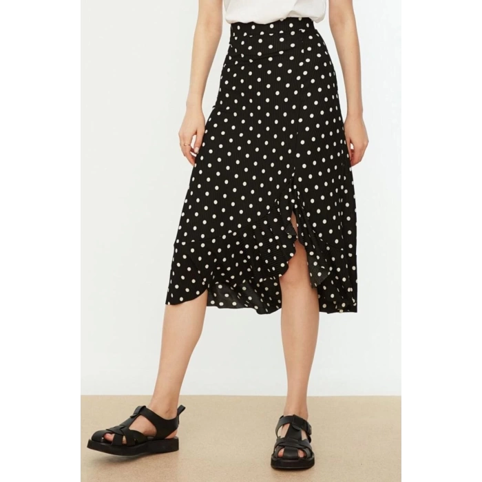 Moda Regular Polka Dot Daily Midi Length Printed High Waist Elastic Knitted Skirt with Gathered Detail and Flounce