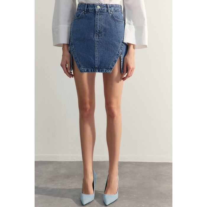 Fashion Denim Plain Pattern Casual Mini Length Limited Edition Slit Mini Denim Skirt