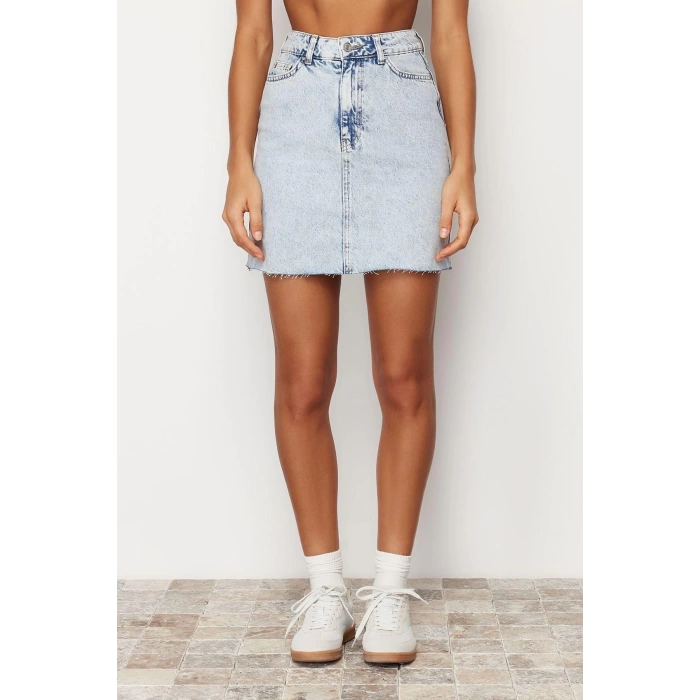 Moda A-line Düz Desen Günlük Mini Boy Yüksek Bel Mini Denim Etek