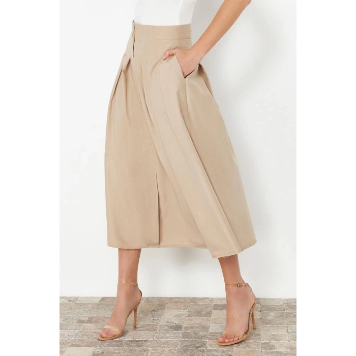 Moda Regular Düz Desen Günlük Maxi Boy Pile Detaylı Önden Düğmeli Midi Boy Dokuma Etek