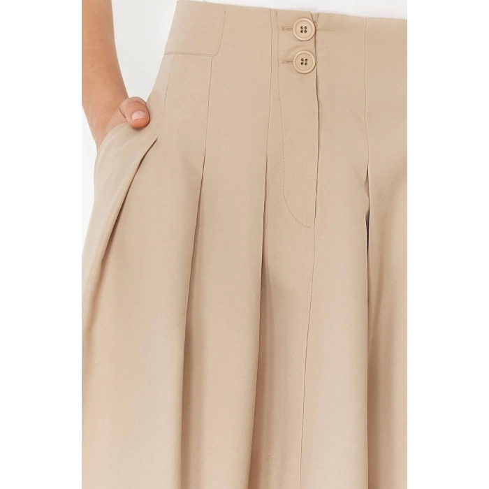 Moda Regular Düz Desen Günlük Maxi Boy Pile Detaylı Önden Düğmeli Midi Boy Dokuma Etek