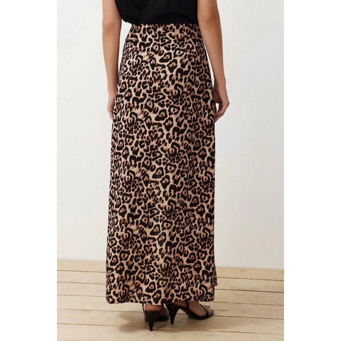 Fashion Regular Printed Pattern Daily Maxi Length Leopard Patterned Slit Detailed Viscose Fabric Woven Skirt