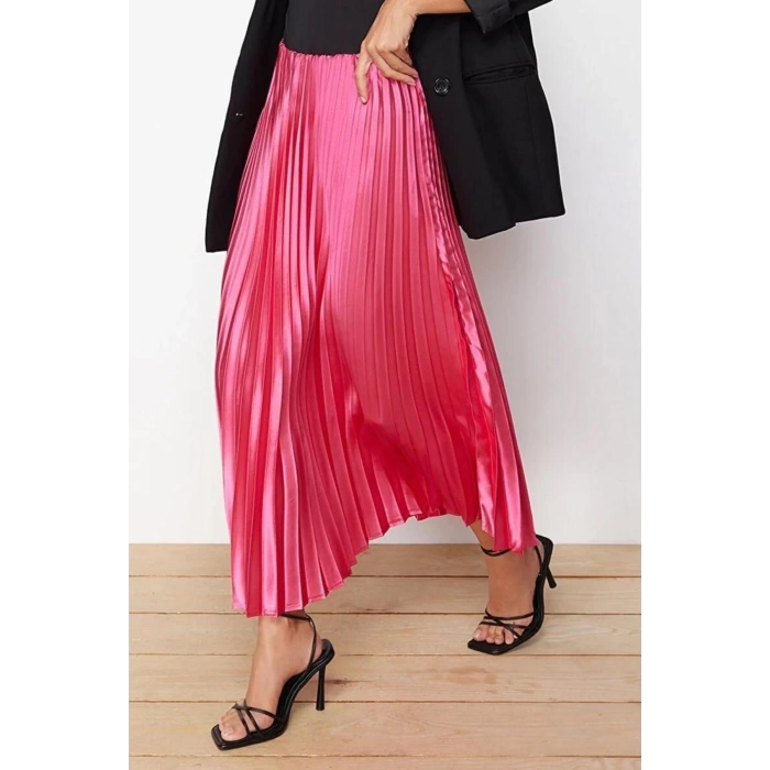 Fashion Regular Plain Pattern Chic Night Midi Length Pleated Satin Fabric Maxi Length Woven Skirt