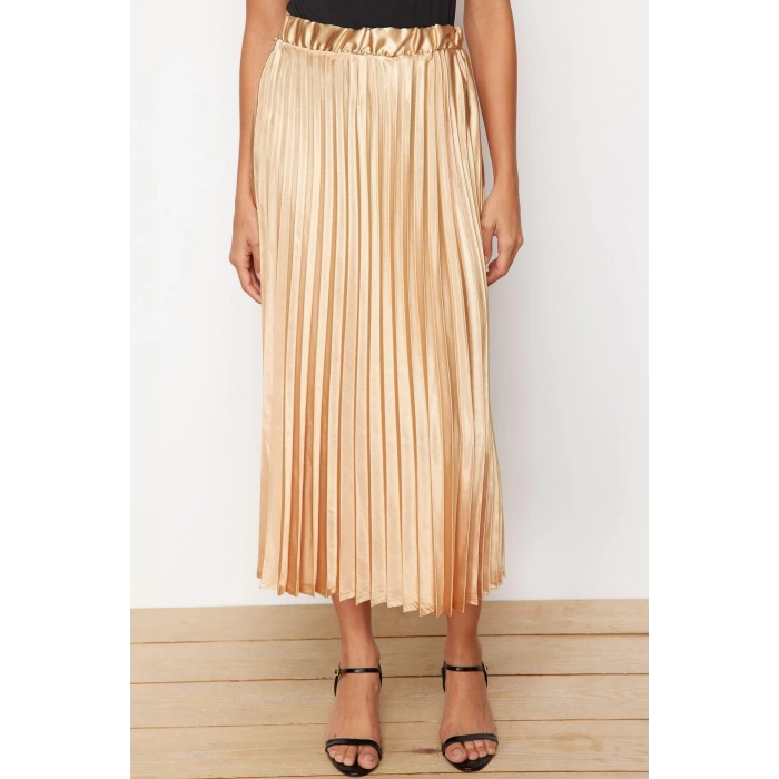 Fashion Regular Plain Pattern Chic Night Midi Length Pleated Satin Fabric Maxi Length Woven Skirt