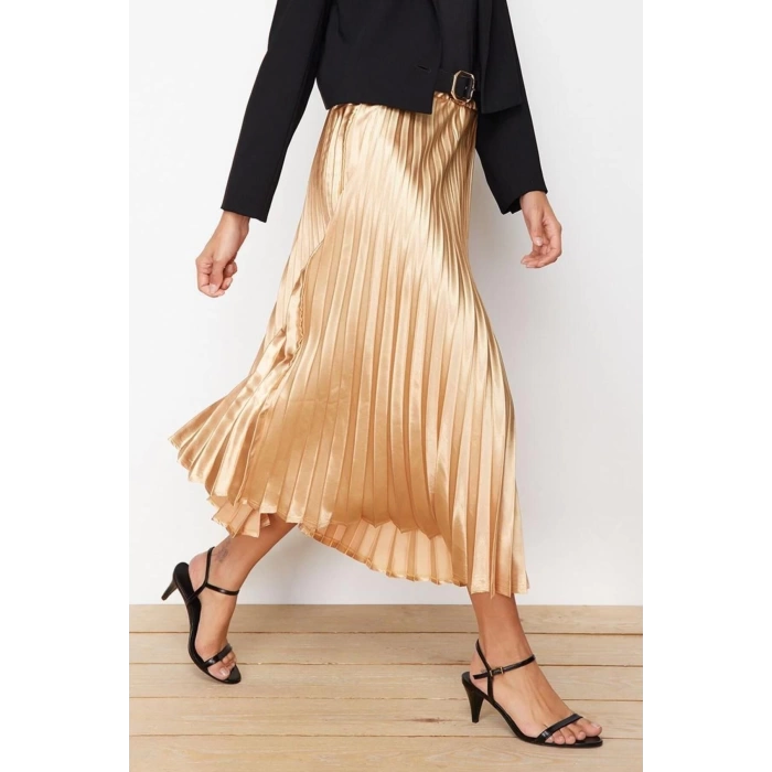 Fashion Regular Plain Pattern Chic Night Midi Length Pleated Satin Fabric Maxi Length Woven Skirt