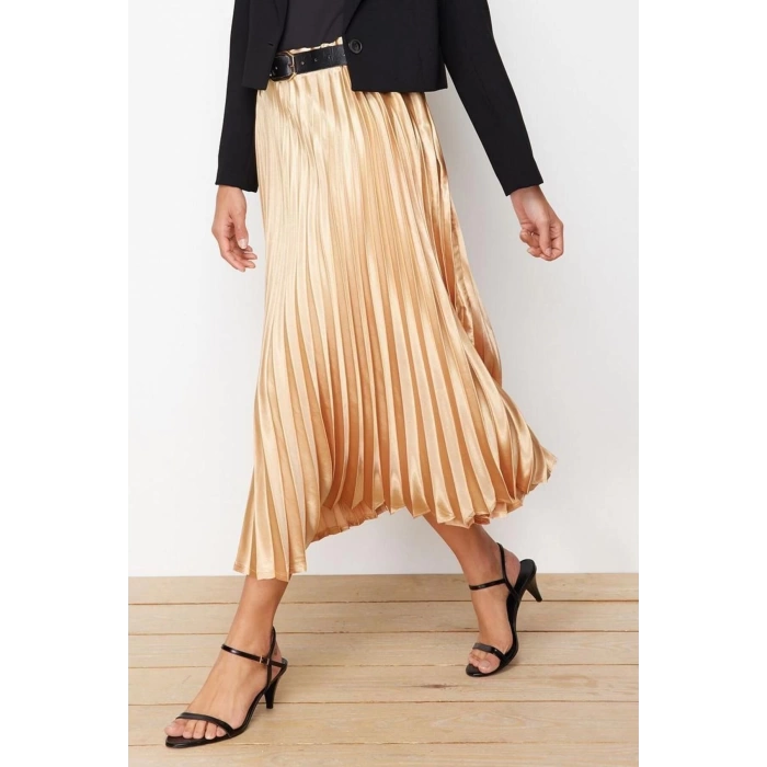 Fashion Regular Plain Pattern Chic Night Midi Length Pleated Satin Fabric Maxi Length Woven Skirt