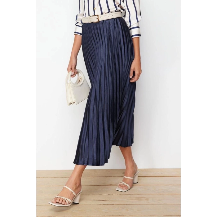 Fashion Regular Plain Pattern Chic Night Midi Length Pleated Satin Fabric Maxi Length Woven Skirt