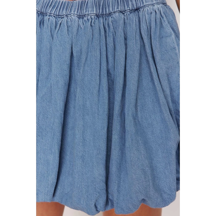 Fashion Denim Plain Pattern Casual Mini Length More Sustainable Pleated High Waist Balloon Denim Skirt