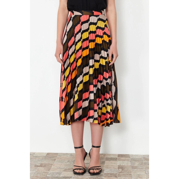 Fashion Regular Patterned Daily Midi Length Patterned Satin Fabric Pleated Detailed Midi Length Woven Skirt