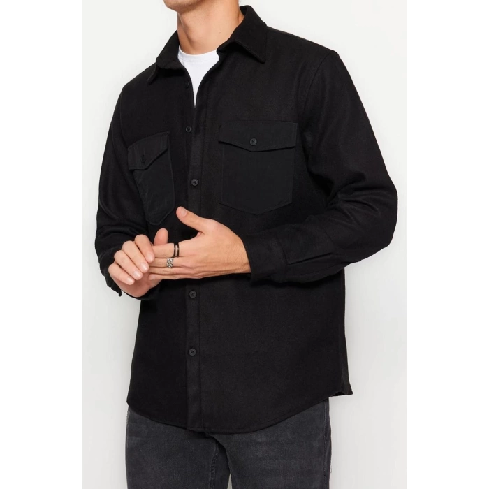Fashion Mens Shirt Collar Plain Pattern Casual Regular Fit Parachute Pocket Detail Cashmere Winter Shirt