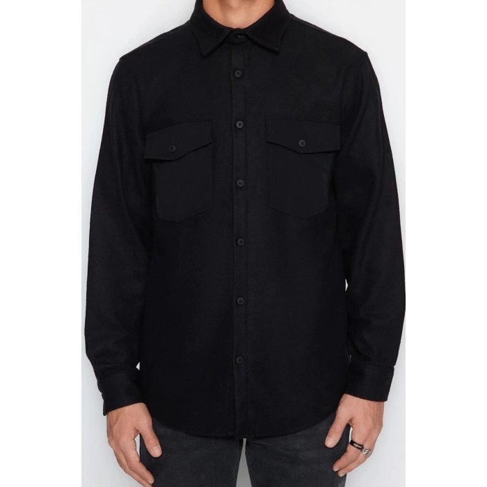 Fashion Mens Shirt Collar Plain Pattern Casual Regular Fit Parachute Pocket Detail Cashmere Winter Shirt