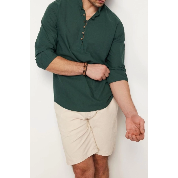 Fashion Mens Stand Collar Plain Pattern Casual Half Placket Buttoned Stand Collar New Shirt