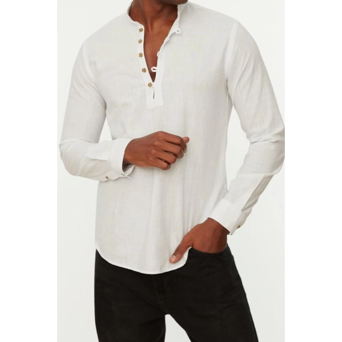 Fashion Mens Stand Collar Plain Pattern Casual Half Placket Buttoned Stand Collar New Shirt