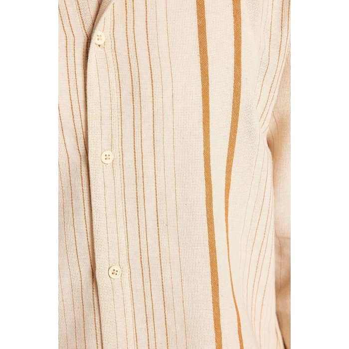 Fashion Mens Shirt Collar Striped Pattern Casual Regular Fit Striped Linen Textured Shirt