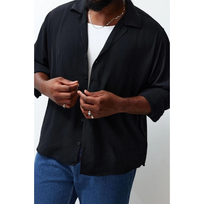 Fashion Mens Plus Size Open Collar Casual Regular Fit Open Collar Summer Linen Look Shirt