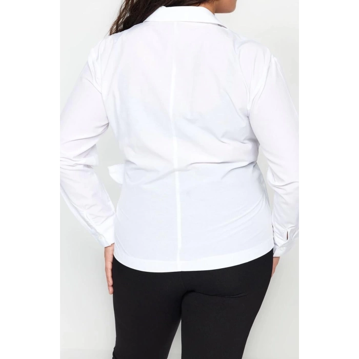 Moda Kadın Büyük Beden Kruvaze Düz Desen Günlük Kruvaze Bağlama Detaylı Dokuma Gömlek