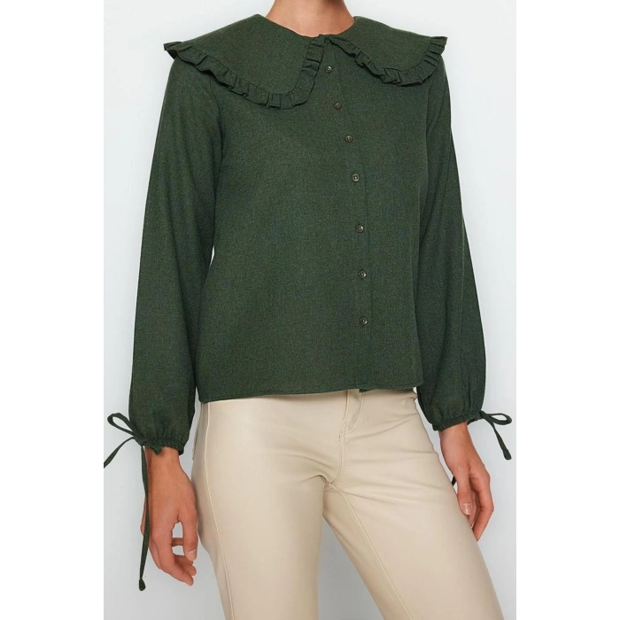 Moda Kadın Bebe Yaka Düz Desen Günlük Büyük Yaka Detaylı Dokuma Gömlek