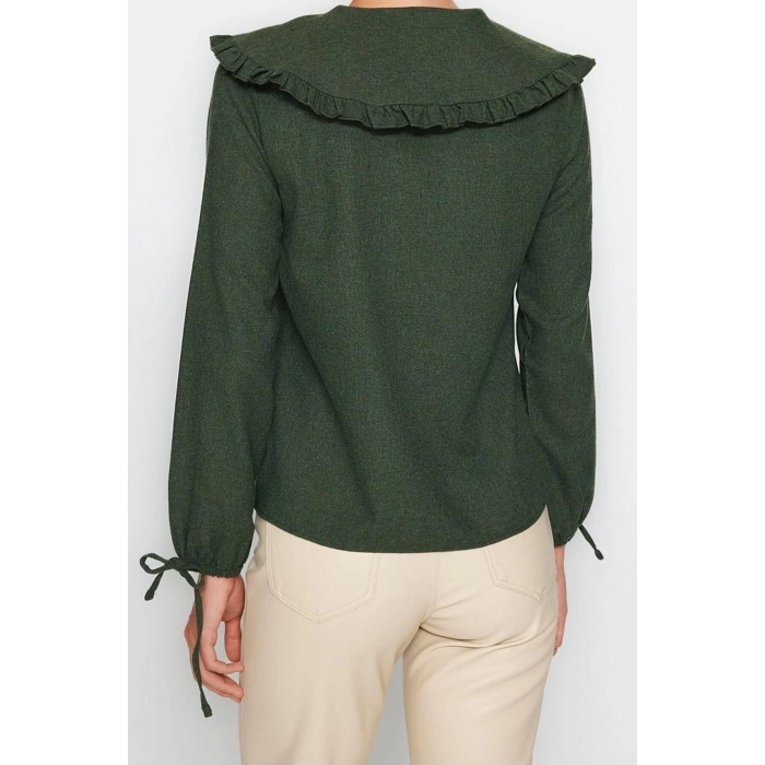 Moda Kadın Bebe Yaka Düz Desen Günlük Büyük Yaka Detaylı Dokuma Gömlek