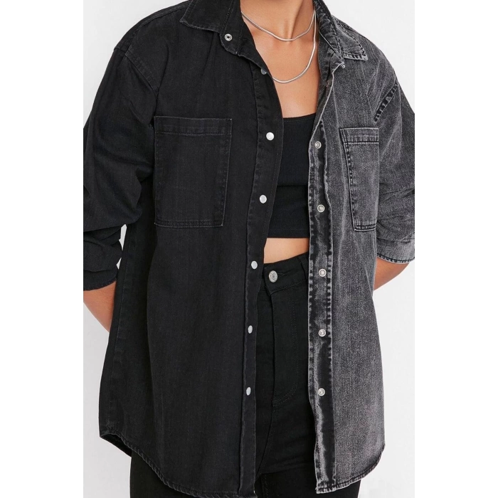 Fashion Women Shirt Collar Plain Pattern Casual Color Block Denim Shirt