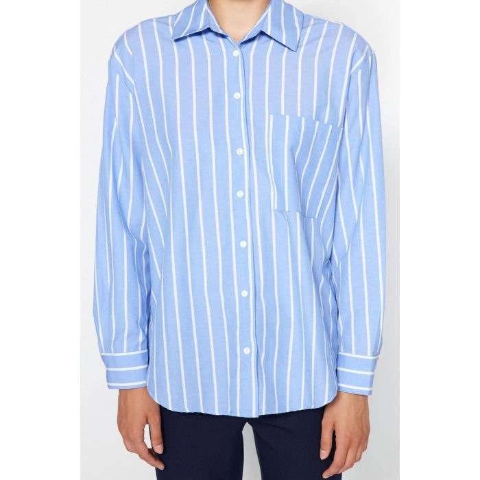 Fashion Women Shirt Collar Striped Pattern Casual Striped Pocket Oversize Wide Pattern Woven Shirt