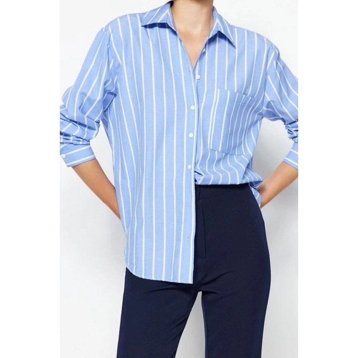 Fashion Women Shirt Collar Striped Pattern Casual Striped Pocket Oversize Wide Pattern Woven Shirt