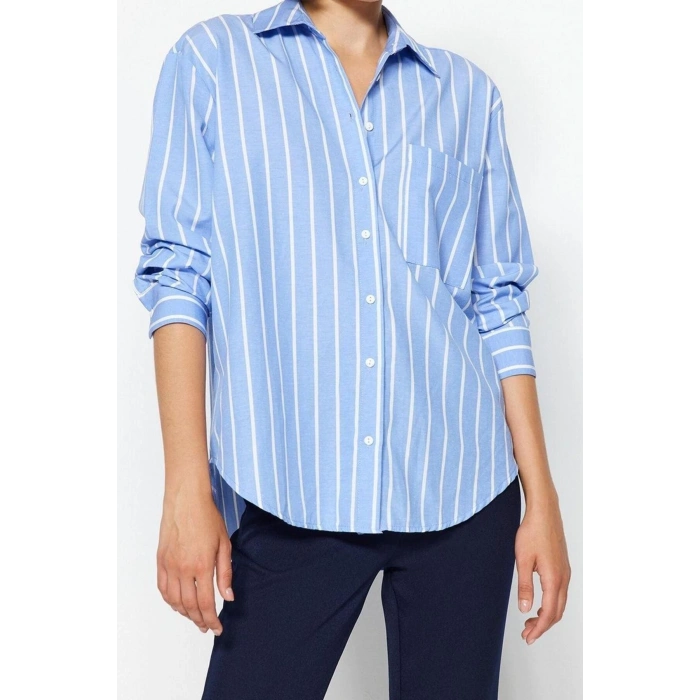 Fashion Women Shirt Collar Striped Pattern Casual Striped Pocket Oversize Wide Pattern Woven Shirt