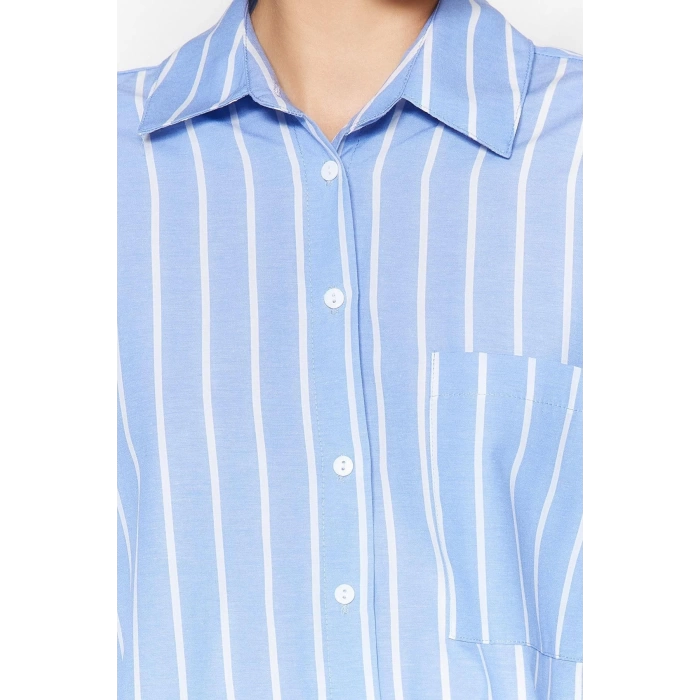 Fashion Women Shirt Collar Striped Pattern Casual Striped Pocket Oversize Wide Pattern Woven Shirt