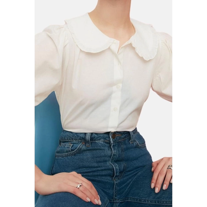 Fashion Womens Baby Collar Plain Pattern Casual Baby Collar Woven Shirt