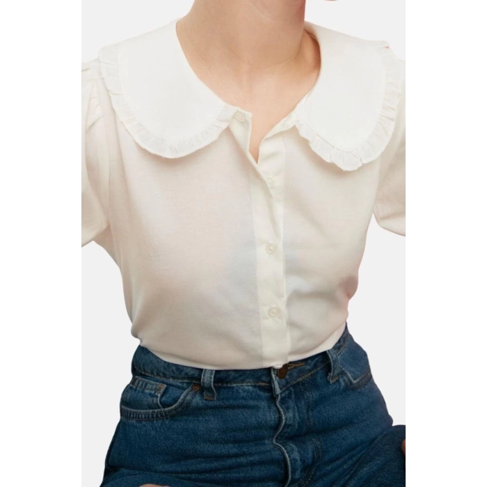 Fashion Womens Baby Collar Plain Pattern Casual Baby Collar Woven Shirt