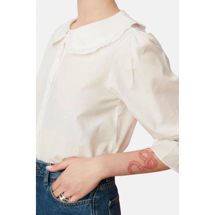 Fashion Womens Baby Collar Plain Pattern Casual Baby Collar Woven Shirt