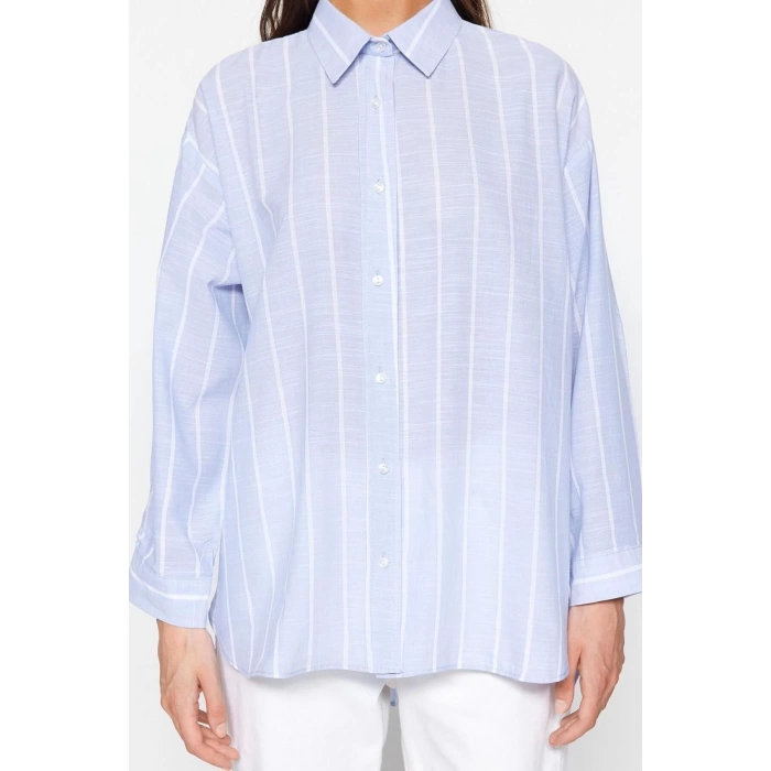 Moda Kadın Gömlek Yaka Çizgili Desen Günlük Çizgili Oversize Geniş Kalıp Dokuma Gömlek