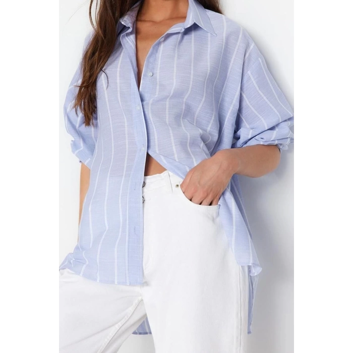 Moda Kadın Gömlek Yaka Çizgili Desen Günlük Çizgili Oversize Geniş Kalıp Dokuma Gömlek