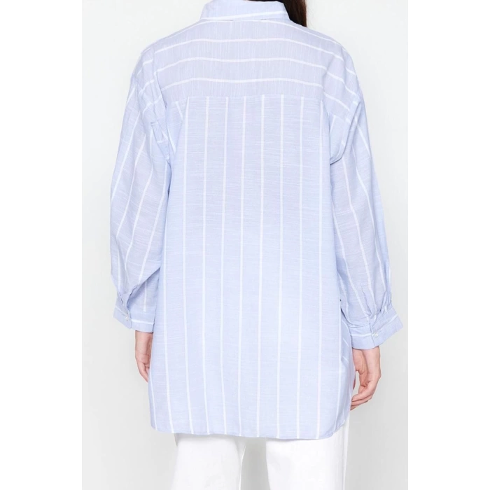 Moda Kadın Gömlek Yaka Çizgili Desen Günlük Çizgili Oversize Geniş Kalıp Dokuma Gömlek