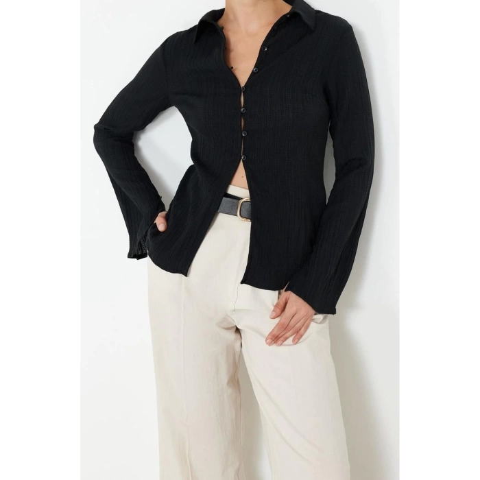 Fashion Women Shirt Collar Plain Pattern Casual Textured Fitted Waist Woven Shirt