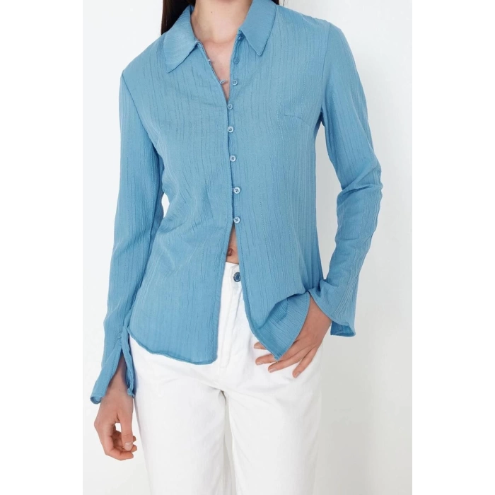 Fashion Women Shirt Collar Plain Pattern Casual Textured Fitted Waist Woven Shirt