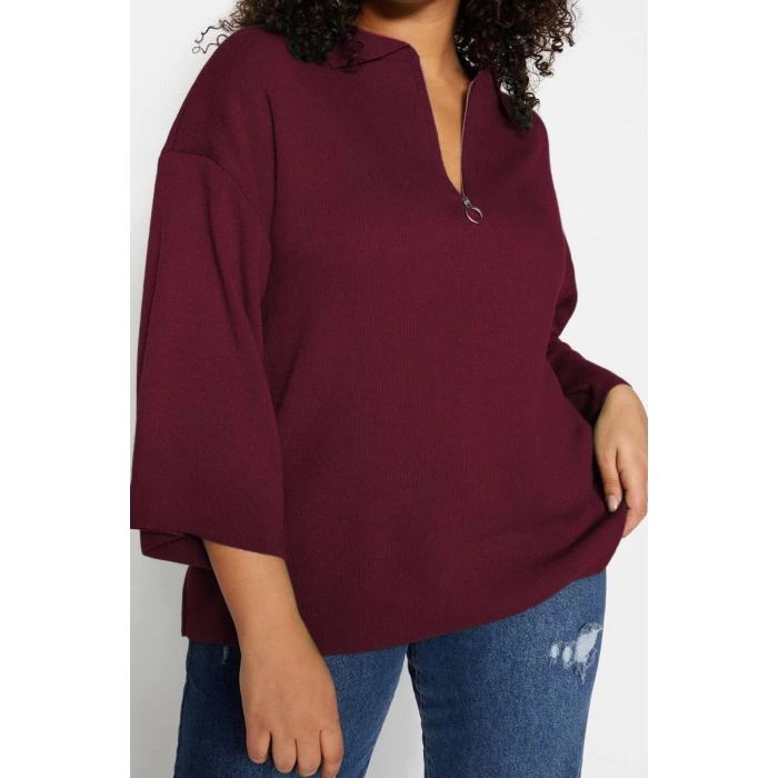 Style Modern Women Regular Low Sleeve Polo Collar Plus Size Zipper Detailed Knitwear Sweater