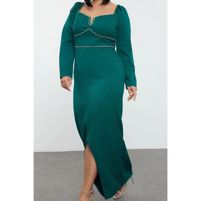 Moda Fitted Sweetheart Neck Plus Size Stone Embroidered Slit Woven Evening Dress Graduation Engagement Night Dress