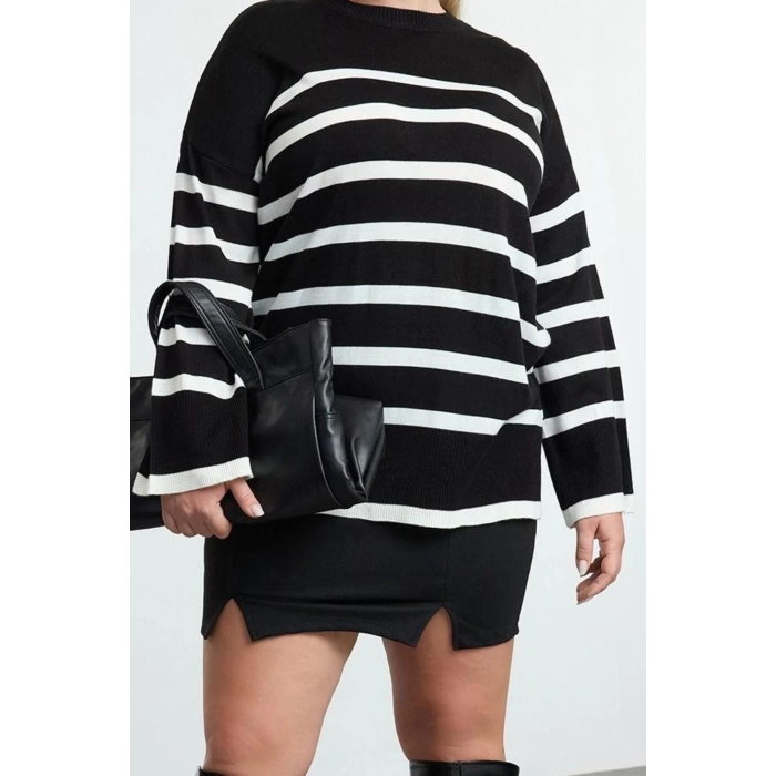 Style Modern Women Regular Standard Sleeve Shirt Collar Plus Size Striped Crew Neck Knitwear Sweater